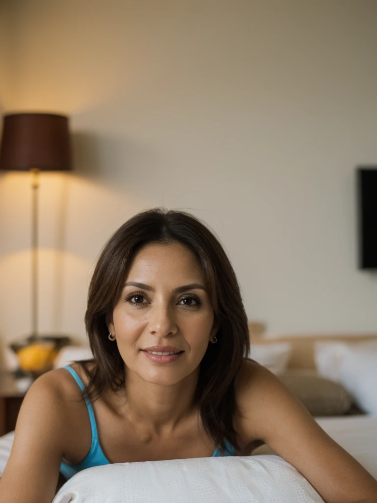 Liliana, 1girl, solo, realistic, photorealistic, high quality picture, 8k, high resolution, detailed quality, film grain, natural photo, ultrarealistic, (((40-years-old))), ((detailed wrinkles in her face)), LATINA, (Background: Dominican Republic), (((SLIM))), ((THIN)), (Slender) ((Short Straight hair)), come hither look, fully clothed, wearing pajamas, Pose: laying down, ((laying down on a hotel room in Dominican Republic)), Night time, full shot