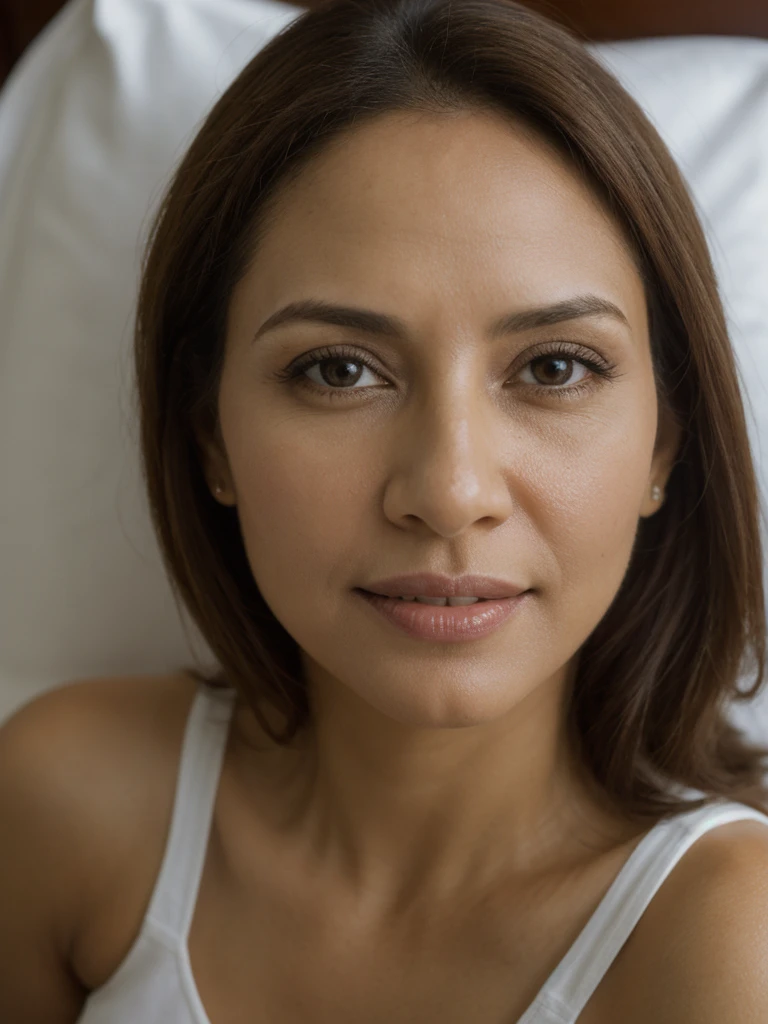 Liliana, 1girl, solo, realistic, photorealistic, high quality picture, 8k, high resolution, detailed quality, film grain, natural photo, ultrarealistic, (((40-years-old))), ((detailed wrinkles in her face)), LATINA, (Background: Dominican Republic), (((SLIM))), ((THIN)), (Slender) ((Short Straight hair)), come hither look, fully clothed, wearing pajamas, Pose: laying down, ((laying down on a hotel room in Dominican Republic)), Night time, full shot