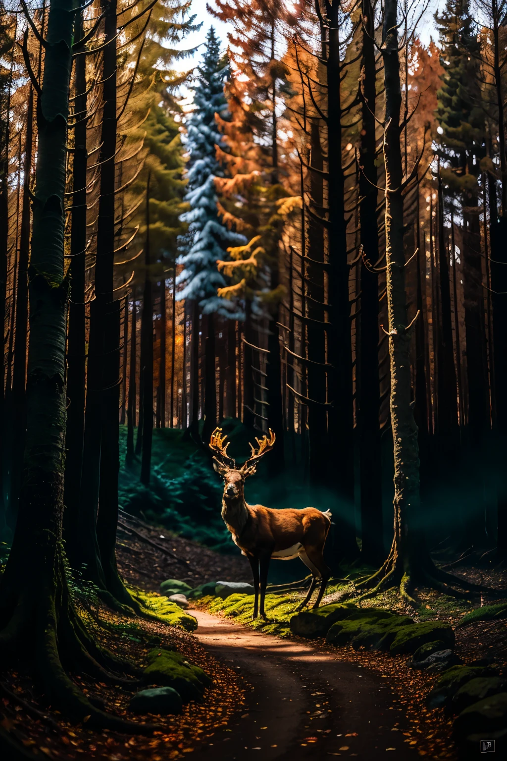 In a 4K, 16:9 image, the forest comes alive at dusk. The vibrant colors of autumn leaves blend with the deep greens and browns of the forest floor, creating a rich and textured landscape. The light filtering through the trees casts dappled shadows on the forest floor, adding depth and dimension to the scene.
The image focuses on a clearing, where a majestic stag stands, its antlers reaching up towards the sky. The stag's coat is a glossy, chestnut brown, with intricate patterns of fur that shine in the low light. Its eyes are bright and alert, scanning the forest for signs of danger or prey.
In
