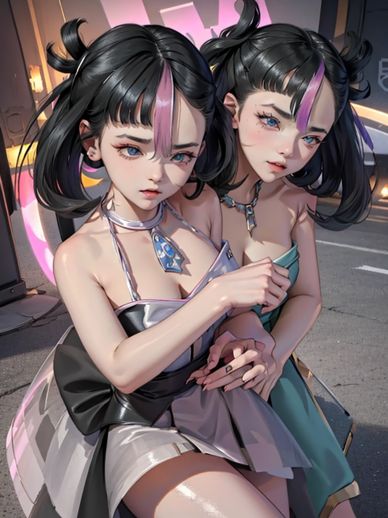 An exquisite masterpiece in the highest quality and high resolution featuring Marnie. Big sleepy eyes, Aqua Eye、Shining in dim light. Black Hair, too much hair, Voluminous Hair, Messy Hair, Half bangs, bangs, Just head and shoulders, Magazine Style, Pink tops, Russian women, Adult female, Looking at the audience, front, Surreal.