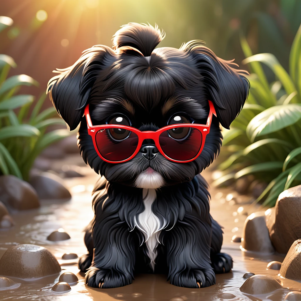 2 Adorable small black Shih Tzu puppies red sunglasses muddy 3d cartoon 3d render disney pixar style