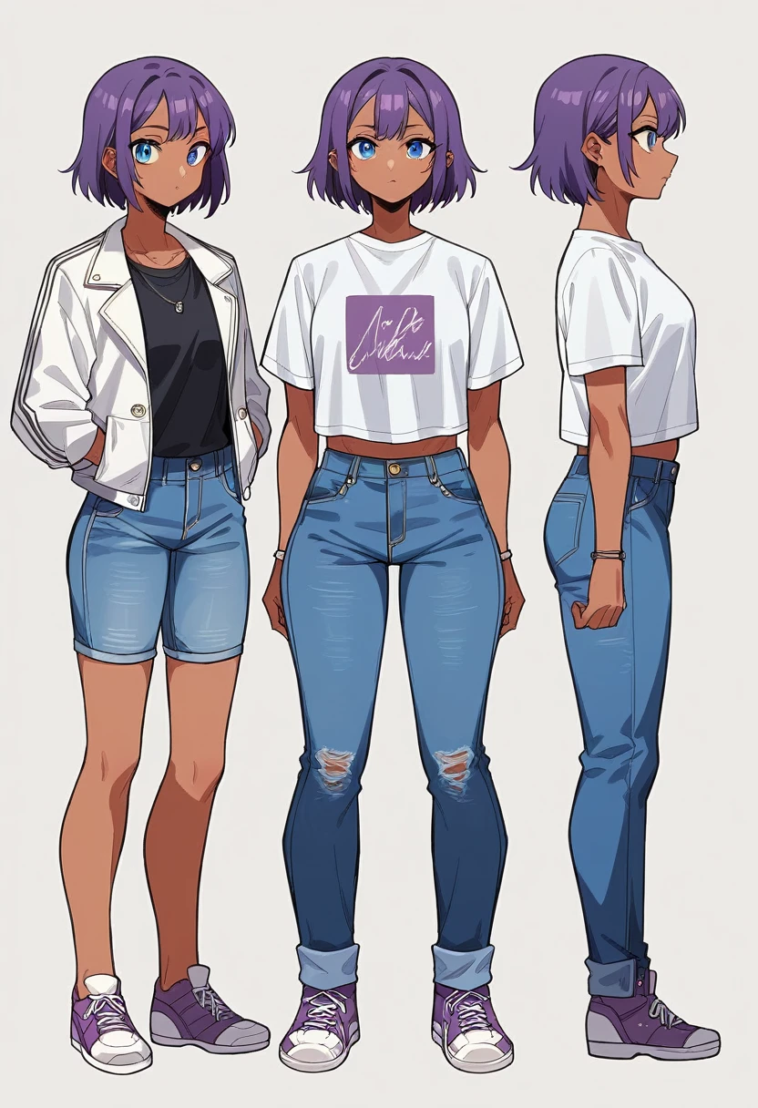 2D model reference sheet of anime girl, long purple hair, white jacket with blue flower designs on the jacket, black t-shirt, denim jeans, purple and whir sneakers, white background, tan skin, light blue eyes, front side and back views, turnaround