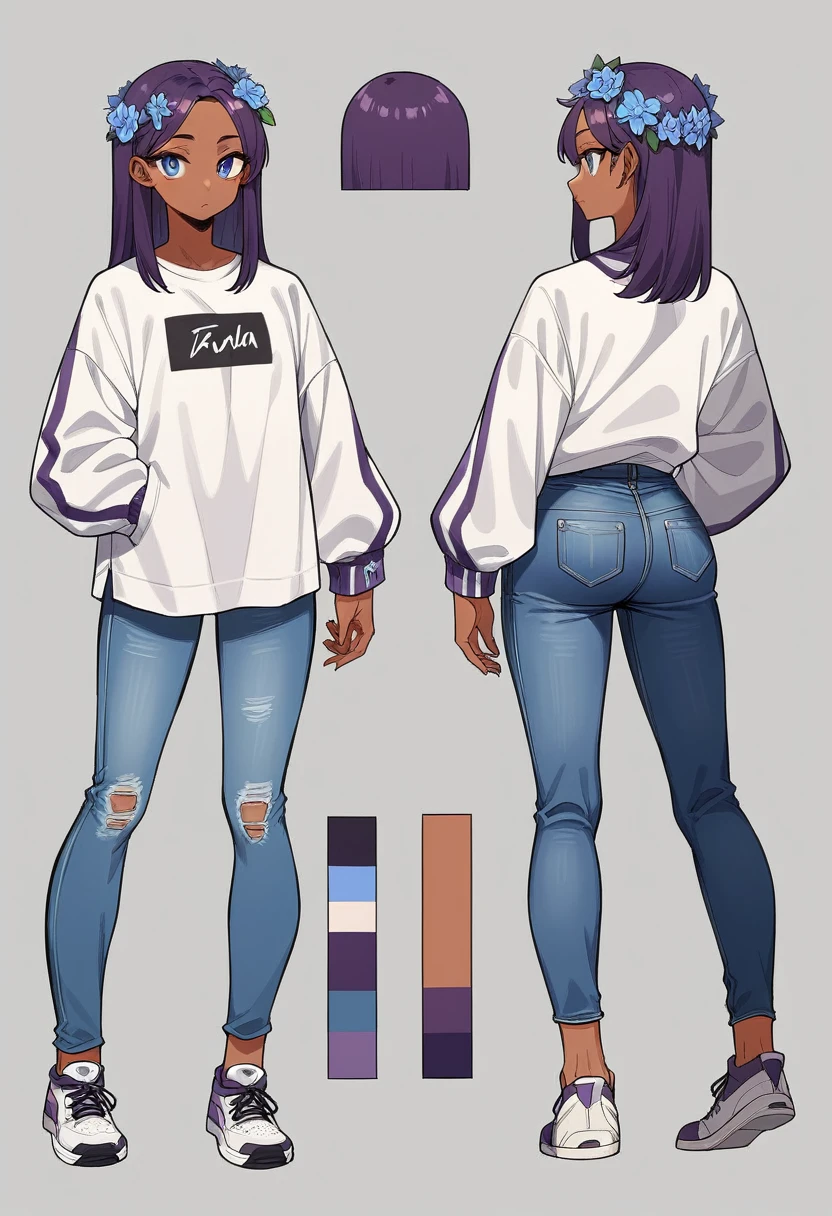 2D model reference sheet of anime girl, long purple hair, white jacket with blue flower designs on the jacket, black t-shirt, denim jeans, purple and whir sneakers, white background, tan skin, light blue eyes, front side and back views, turnaround