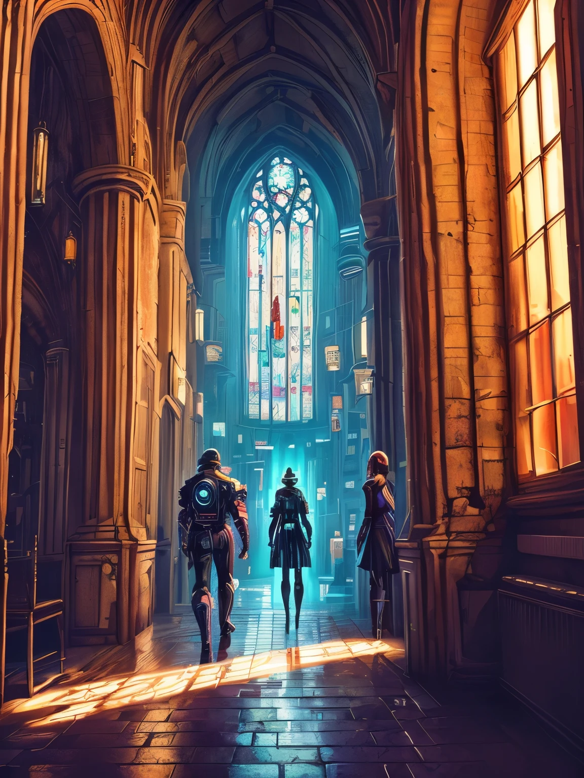 A hallway decorated with paintings of men and women , null, no human, scenery, architecture, Pillar, photograph, Stained glass, church, arch , building, city, ((no_human, scenery , Beep, Cyberpunk Style, Cyberpunk art, Retro-future , occult , It's hard to understand )), ((Depiction of depth from bottom to back.)). That Mahal Style