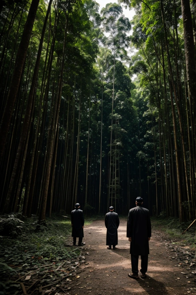 men are praying in the dark forest, wearing songkok, black kurta. behind there is a ghost wearing a prayer telecong, with a scary face