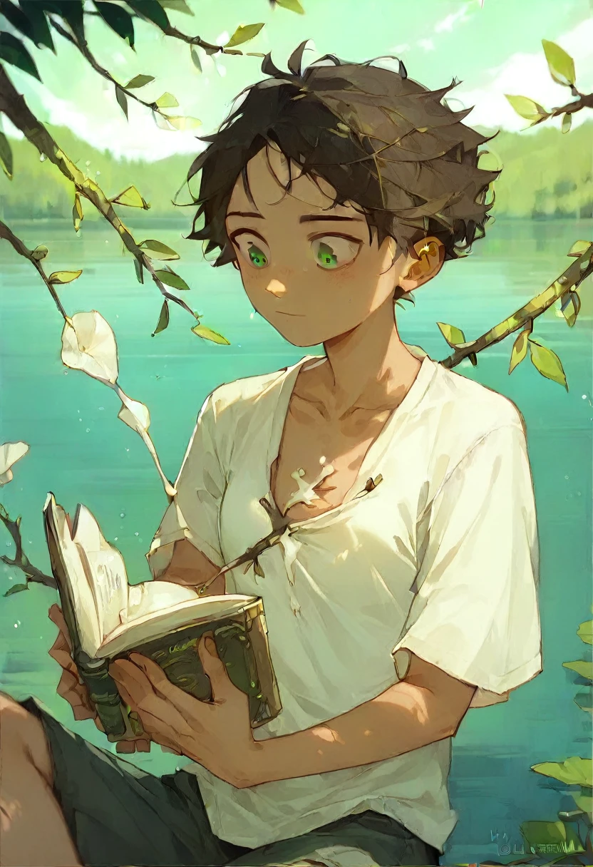 Girl reading a book by the lake, girl(Juvenile wind,Hairstyle that bounces out,Very Short Hair,Dark brown hair,Green Eyes,White shirt,Dairy-free,Boyish chest)Bright colors, spring, Willow Branch, comfortable, Warm sunshine,NSFW,Leg spread,Small breasts,Sit on a bench,Smile with shadow,blush,Sticking out tongue,Open your mouth,White Breath,pussy juice,masturbation,Put your hand on
