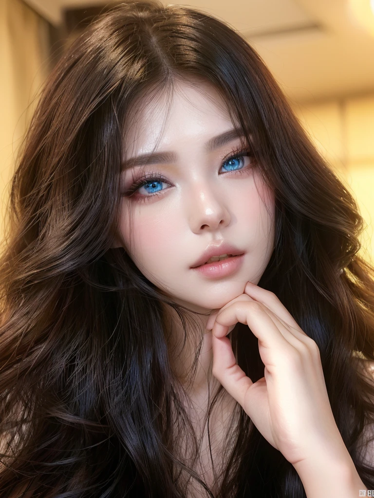 Arafed woman with long hair and blue eyes posing for a photo., sexy face with full makeup, South Korean popular makeup, Popular Korean makeup, with professional makeup, Yanjun Chengt, ulzzang, Sakimichan, with round face, sensual look, Full round face, tomada with canon eos 5 d mark iv, soft portrait 8k