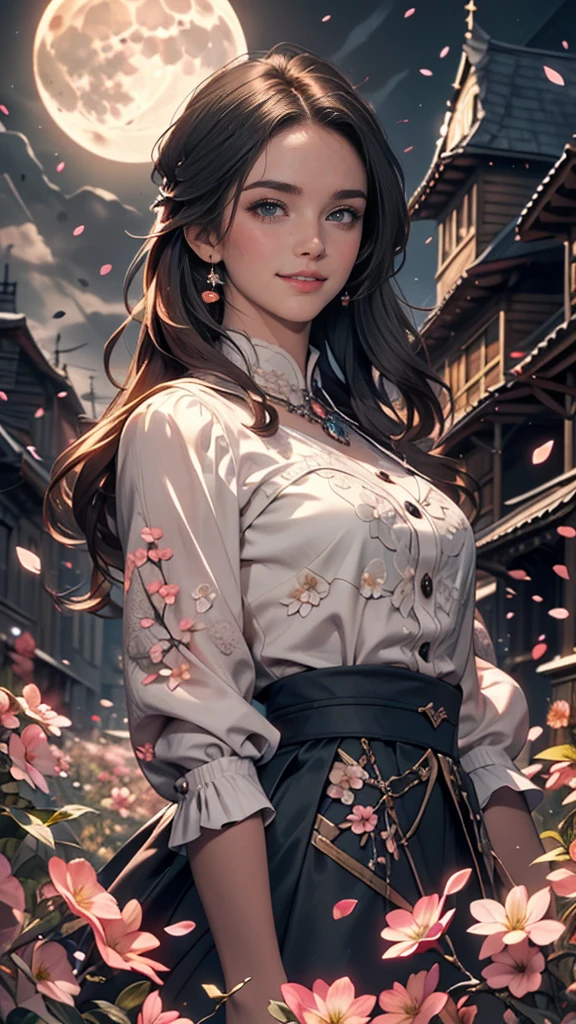 masterpiece, highest quality, One girl, (colorful),(Beautifully detailed eyes and face),cinematic Lighting,Bust Shot,Highly detailed CG Unity 8k wallpaper,Gray Hair,alone,smile,Complex skirt,((Flying petals)),(Flowery meadow) null, cloudy_null, building, moonLight, moon, night, (Dark Theme:1.3), Light, Fantasy,