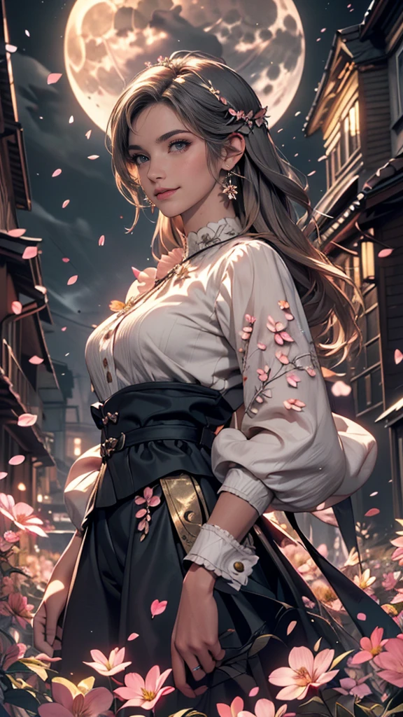 masterpiece, highest quality, One girl, (colorful),(Beautifully detailed eyes and face),cinematic Lighting,Bust Shot,Highly detailed CG Unity 8k wallpaper,Gray Hair,alone,smile,Complex skirt,((Flying petals)),(Flowery meadow) null, cloudy_null, building, moonLight, moon, night, (Dark Theme:1.3), Light, Fantasy,