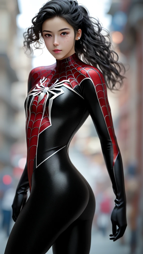 blurry backround,depth of field,
black spiderman costume,1 girl, alone,lips, (shiny skin:1.5)skintight, mole under eye, blond hair,
spider web print, gloves
