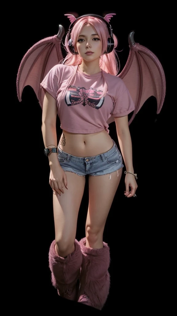 a beautiful girl, de corpo inteiro, cropped rosa, short jeans rosa, pink furry boots, pink straight hair, earphone, pink dragon wings.