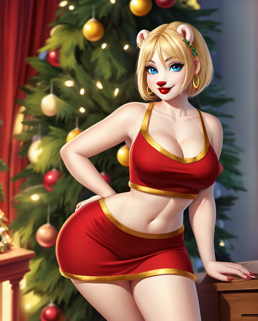 Blonde polar bear girl, wearing a Christmas crop top, perfect face, blue eyes, medium breasts, cleavage, three-quarter view, solo, smile, perfect detailed body, red lipstick, gold earrings, slim waist, wide hips