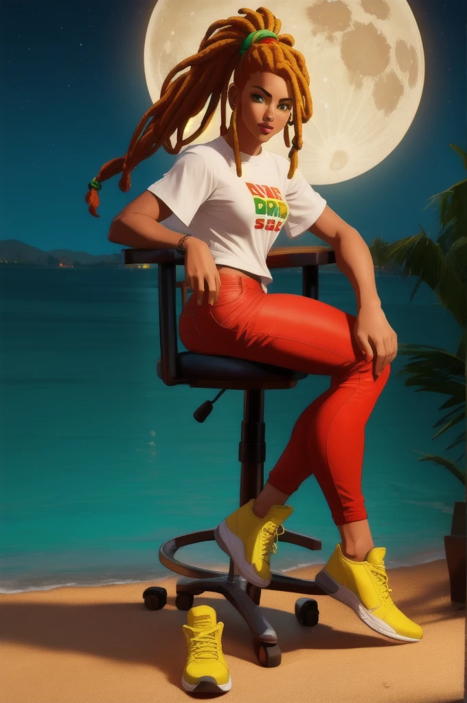Realistic, 1girl, solo, long wide shot, tanned skin woman with ginger rasta hair, dreadlocks ponytail, medium height, athletic body, short and thick legs, dressed in shirt with 3 colors, green, yellow and red, black pants jeans, red footwear, look to the camera siting in a chair in a bar on the beach, night, moon, show whole body, full body