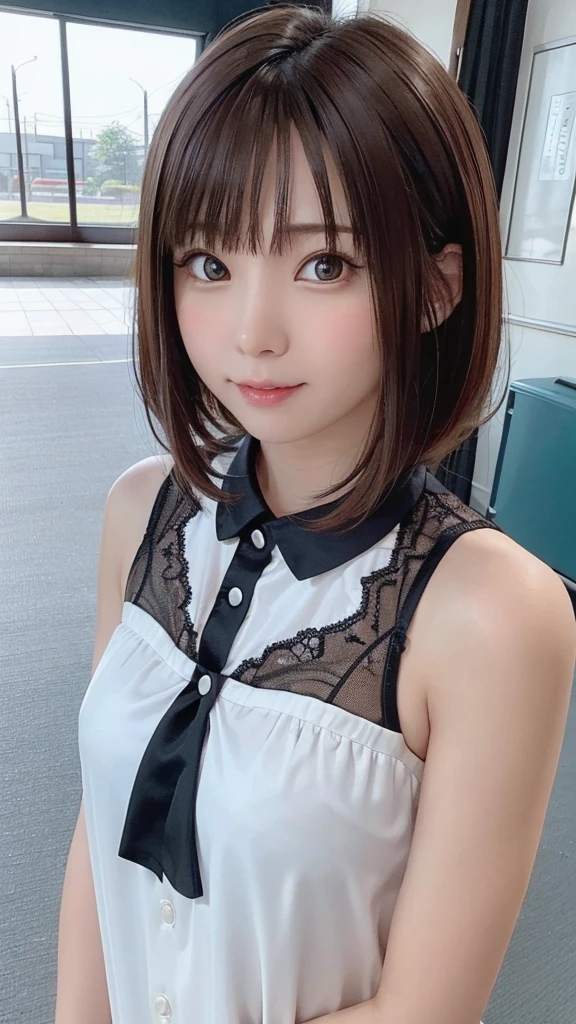 Beautiful woman,View your viewers, High Contrast, Low light, Vibrant, Very detailed, Brown Hair Color, Bob Hair、Glowing Eyes、 With a face like an elementary school student、Flat Body、accelerated background blur、Enako、Enako、Enako、Daytime park background、White idol outfit