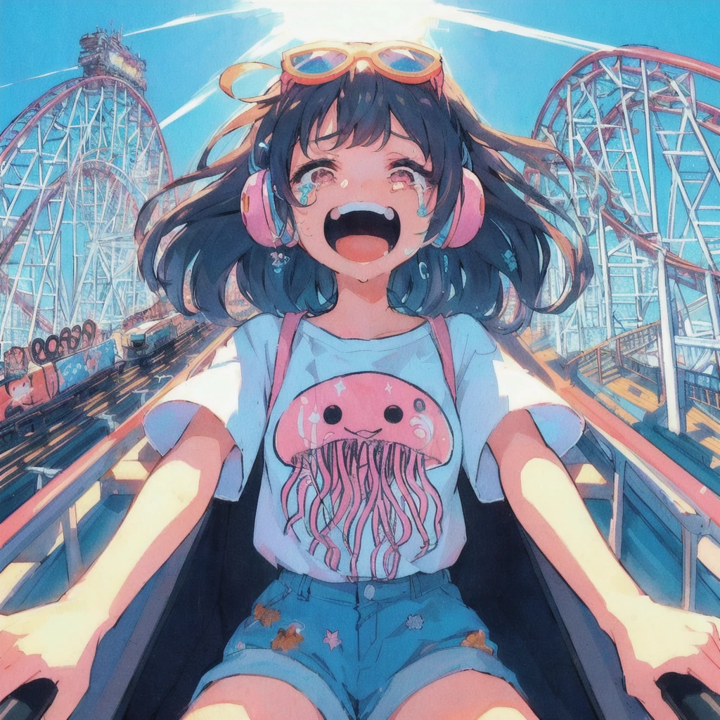 roller coasterに乗っているクラゲのTシャツを着たアニメの女の子, Crying hard,80s anime style, Lo-fi Girl, Anime Aesthetics, amusement park, Anime Aesthetics, Dreamy psychedelic anime, cute aesthetics, vehicle, Anime illustration, roller coaster, Anime Graphic Illustration, Anime-style illustrations, Girl Screamin' Yoro - Esthetics, Decora style illustrations, junko enoshima, lofi album art