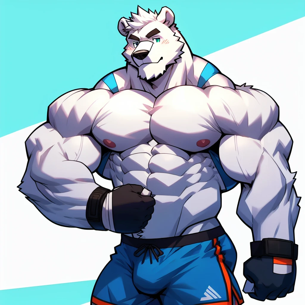 solo, 1boy, Huge Muscular White Polar Bear wearing glasses, huge white fur, pectoral, huge pectoral, wide pectoral, short white hair, blue colored gym short pants, blue colored wristbands and blue colored tank top, white bearded, white Mustache, white fur, simple background, masterpiece, high detailed, 8k, high resolution, at the gym, flexes huge muscles