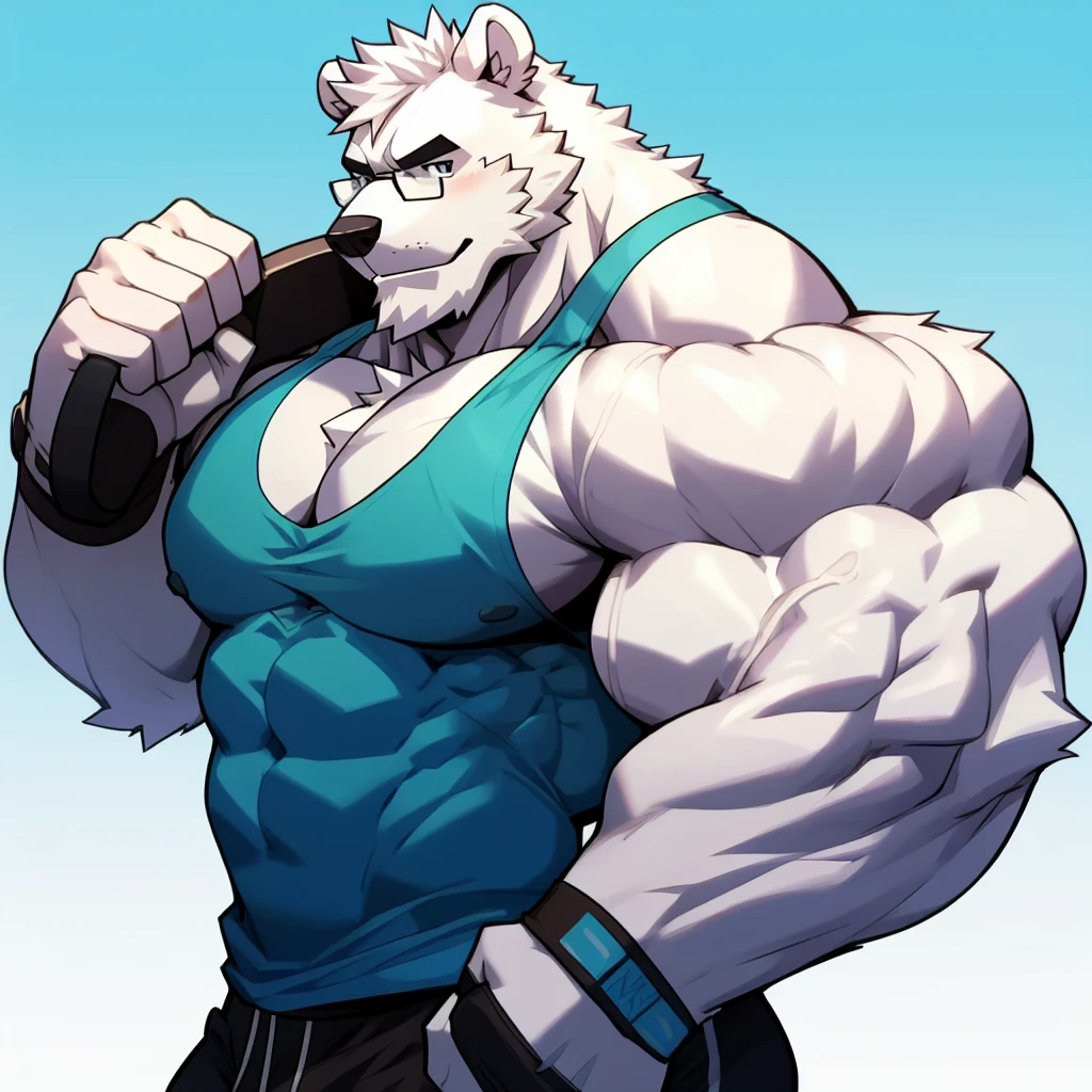 solo, 1boy, Huge Muscular White Polar Bear wearing glasses, huge white fur, pectoral, huge pectoral, wide pectoral, short white hair, blue colored gym short pants, blue colored wristbands and blue colored tank top, white bearded, white Mustache, white fur, simple background, masterpiece, high detailed, 8k, high resolution, at the gym, flexes huge muscles