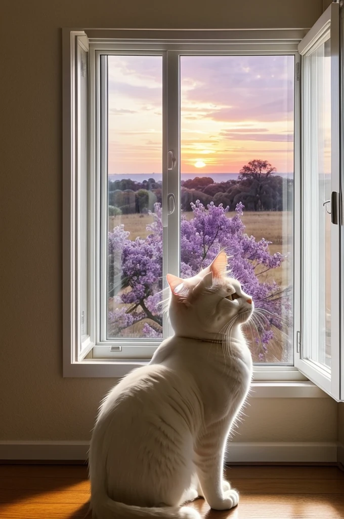 A photo of a cat looking out a window at a sunset. The cat should be a fluffy white Persian cat.
The window should be a large picture window with a white window frame.
The blinds should be open just a crack, casting thin lines of shadow across the bottom of the image.
The sunset should be vibrant with streaks of orange, pink, and purple.
The photo shot from the behind of the cat.