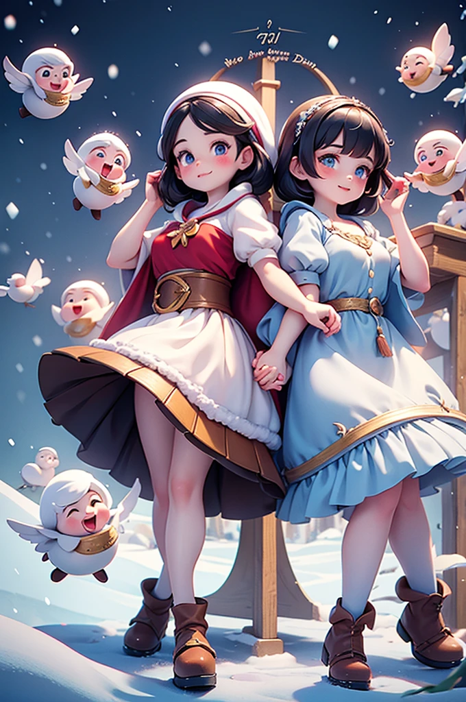 Snow White and the seven dwarfs playing hand in hand