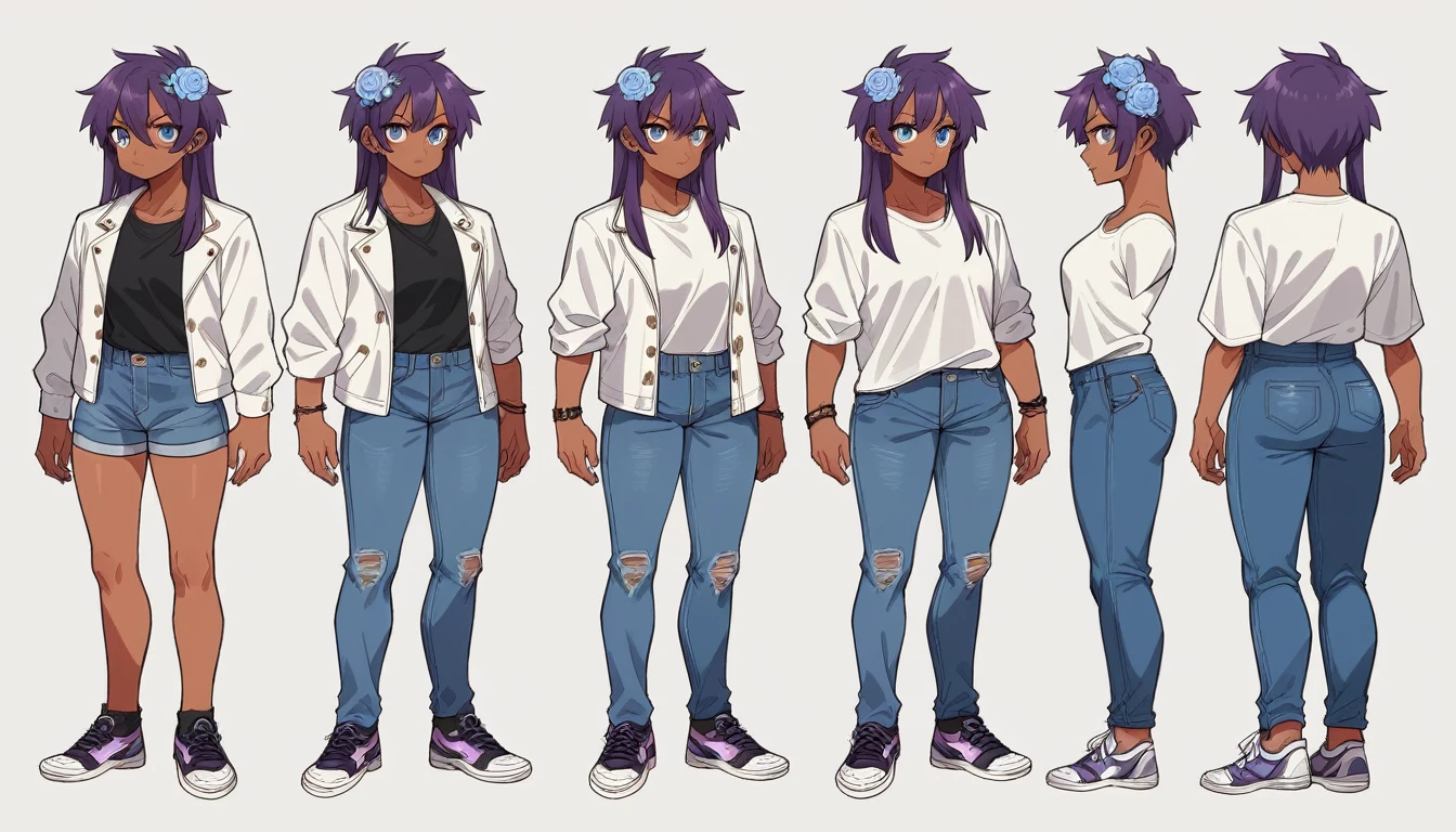 2D model reference sheet of anime girl, long purple hair, white jacket with blue flower designs on the jacket, black t-shirt, denim jeans, purple and whir sneakers, white background, tan skin, light blue eyes, front side and back views, turnaround