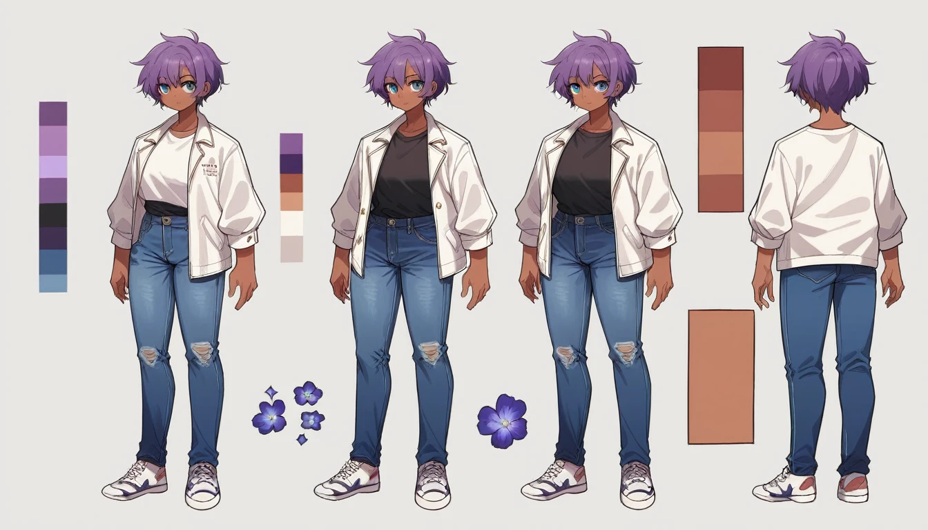 2D model reference sheet of anime girl, long purple hair, white jacket with blue flower designs on the jacket, black t-shirt, denim jeans, purple and whir sneakers, white background, tan skin, light blue eyes, front side and back views, turnaround