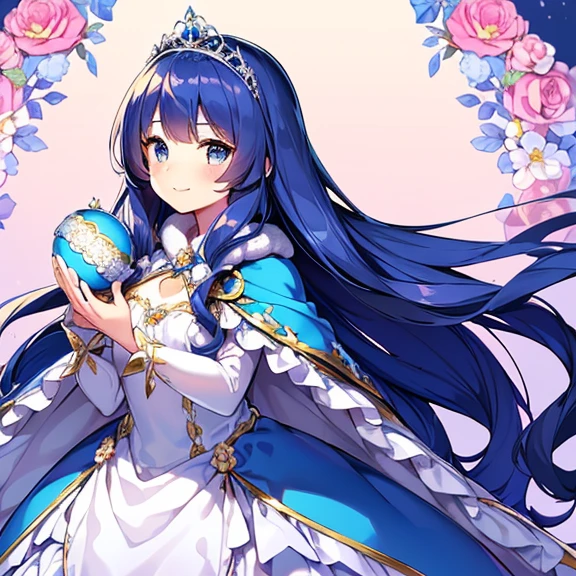 looking at viewer,(kawaii),(best quality),(ultra detailed),(rococo style),(long train blue cape:1.15), very long cape,(long train white ball gown with flower decorations:1.1), a girl is wearing a cape over her gown, 1 little princess, tiara, smile, very long hair, small breasts, beautiful detailed eyes, beautiful detailed lips
