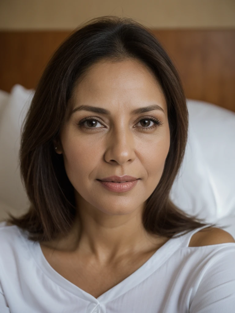 Liliana, 1girl, solo, realistic, photorealistic, high quality picture, 8k, high resolution, detailed quality, film grain, natural photo, ultrarealistic, (((40-years-old))), ((detailed wrinkles in her face)), LATINA, (Background: Dominican Republic), (((SLIM))), ((THIN)), (Slender) ((Short Straight hair)), come hither look, fully clothed, wearing pajamas, Pose: laying down, ((laying down on a hotel room in Dominican Republic)), Night time, full shot