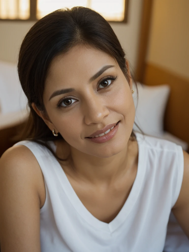 Liliana, 1girl, solo, realistic, photorealistic, high quality picture, 8k, high resolution, detailed quality, film grain, natural photo, ultrarealistic, (((40-years-old))), ((detailed wrinkles in her face)), LATINA, (Background: Dominican Republic), (((SLIM))), ((THIN)), (Slender) ((Short Straight hair)), come hither look, fully clothed, wearing pajamas, Pose: laying down, ((laying down on a hotel room in Dominican Republic)), Night time, full shot