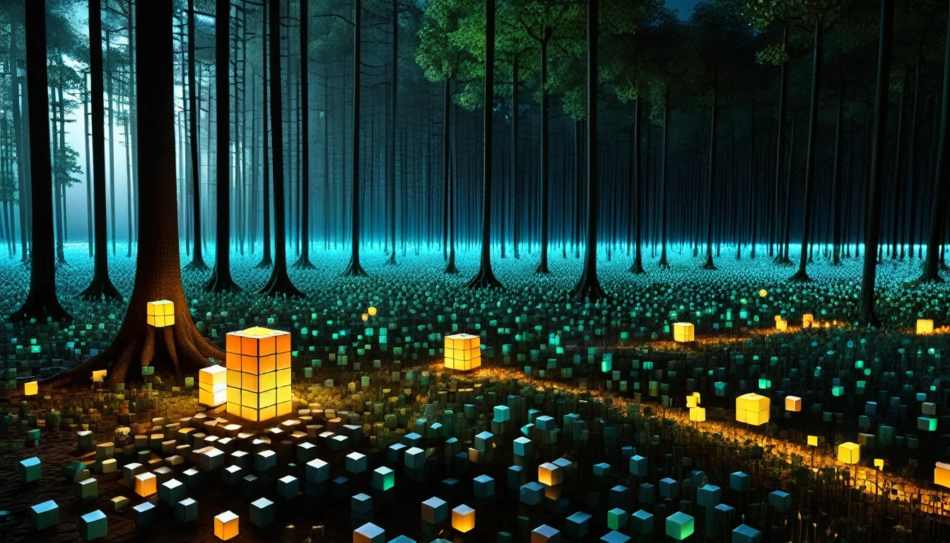 An enchanted forest made up of RAL-3D cubes, Surrounded by the fantastic light of fireflies ,The wide sea is nearby,There are lots of small lizards,so beautiful,There are many small lizards living here