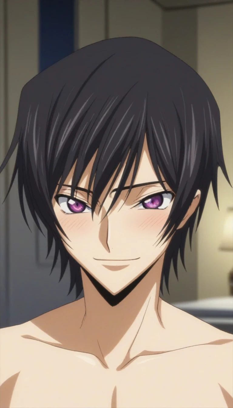 score_9, score_8_up, score_7_up, source_anime, rating_safe, intricate details, anime screencap, , , looking at viewer, depth of field, 1boy, solo, male focus, lelouch_lamperouge, black hair, purple eyes, bangs, smile, blush, cute, naked, castle, bedroom, night.