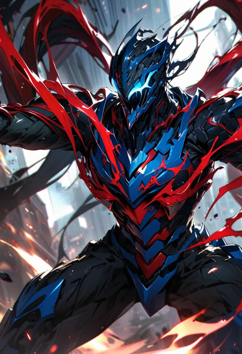 extremely detailed futuristic symbiote armor that is red & blue