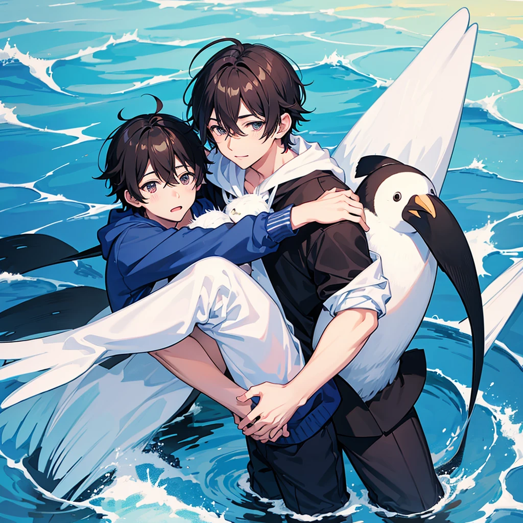 anime boy hugging a penguin with penguins around him, penguinz0, trending on PIXIV, inspired by Okumura Togyu, PIXIV trending, top rated on PIXIV, Cute boys, blue penguin, anime aesthetic, pin on anime, two handsome anime men, PIXIV daily ranking, anime-twitter, PIXIV, popular on pixiv