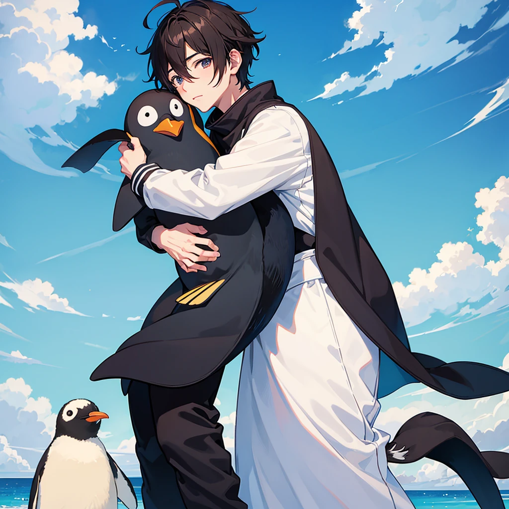 anime boy hugging a penguin with penguins around him, penguinz0, trending on PIXIV, inspired by Okumura Togyu, PIXIV trending, top rated on PIXIV, Cute boys, blue penguin, anime aesthetic, pin on anime, two handsome anime men, PIXIV daily ranking, anime-twitter, PIXIV, popular on pixiv