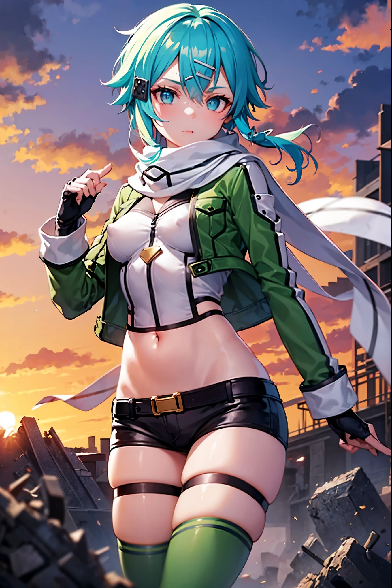 (masterpiece), best quality, expressive eyes, perfect face, highres, sinon1, scarf, fingerless gloves, long sleeves, short shorts,groin, hair ornament, hairclip, green thighhighs, green jacket,covered_nipples, thigh strap, field, sunset_ruins background, ruined structures, dynamic_posing, looking at the viewer, ,covered_navel,