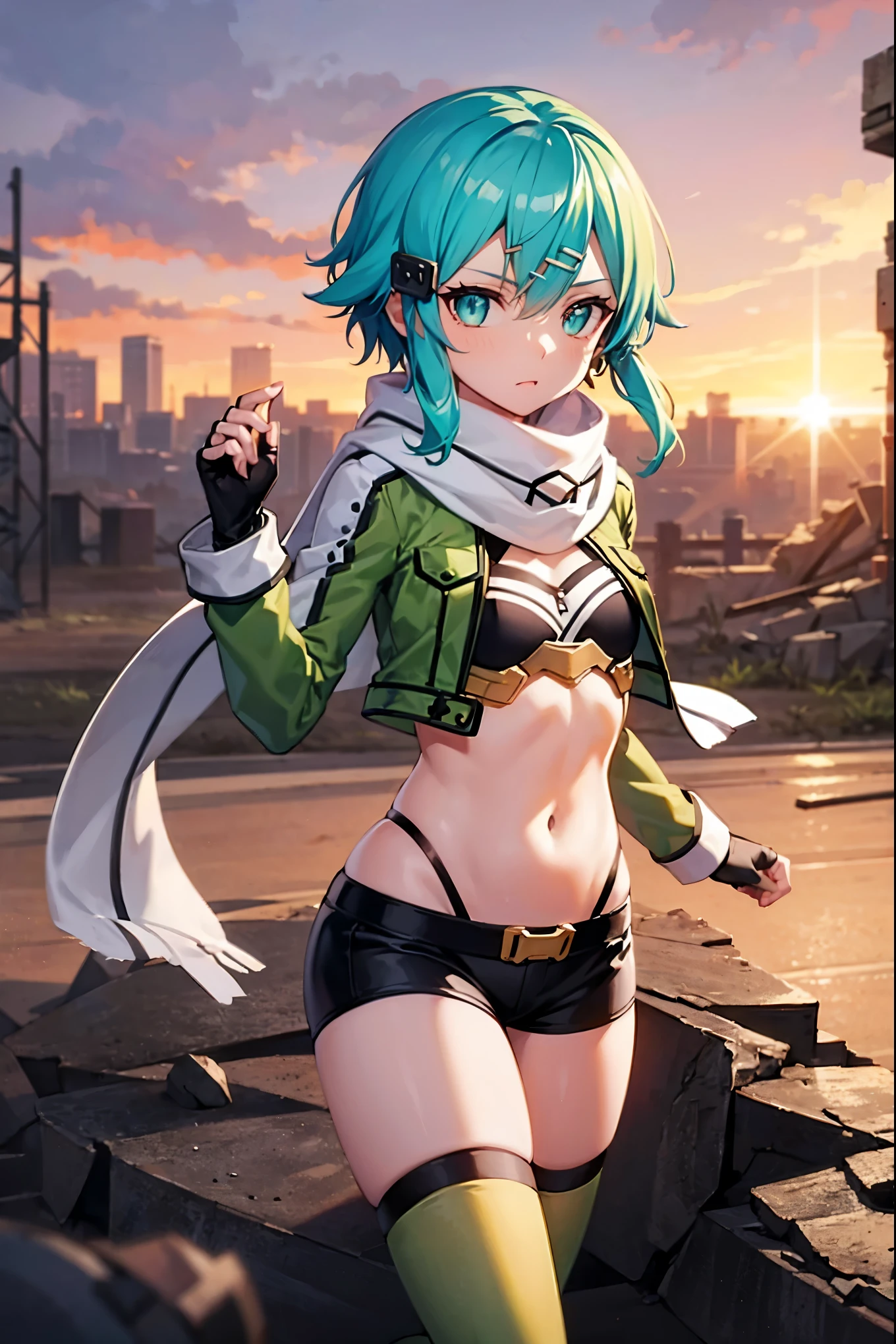 (masterpiece), best quality, expressive eyes, perfect face, highres, sinon1, scarf, fingerless gloves, long sleeves, short shorts,groin, hair ornament, hairclip, green thighhighs, green jacket,covered_nipples, thigh strap, field, sunset_ruins background, ruined structures, dynamic_posing, looking at the viewer, ,covered_navel,