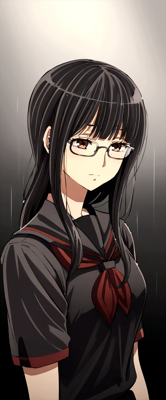 Rained , black long hair, campus uniform, glasses, brown eyes