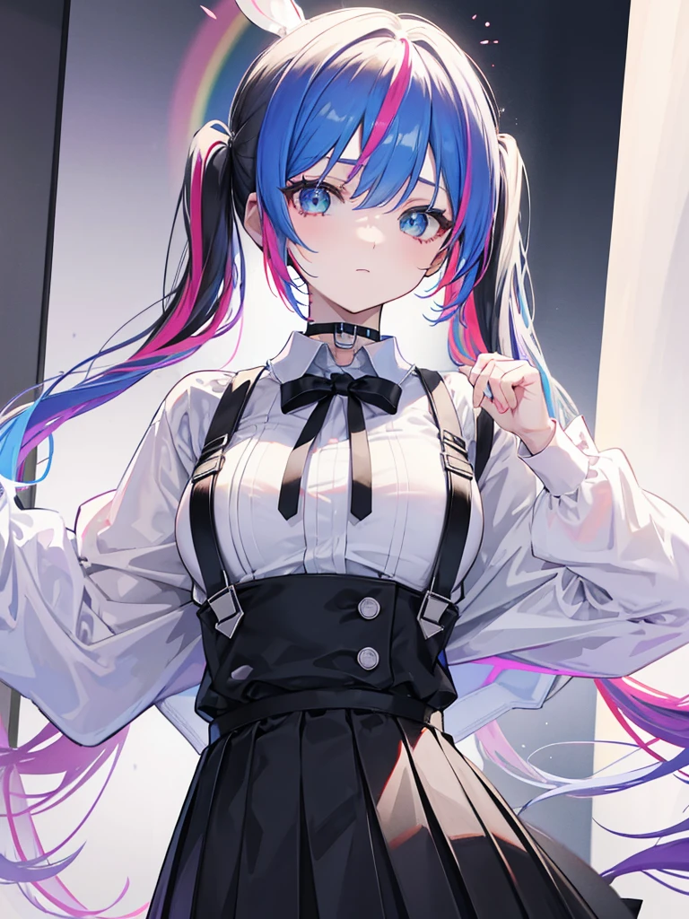 rainbow colored hair, twin tail, Moderate breasts, White uniform, black choker, black suspenders