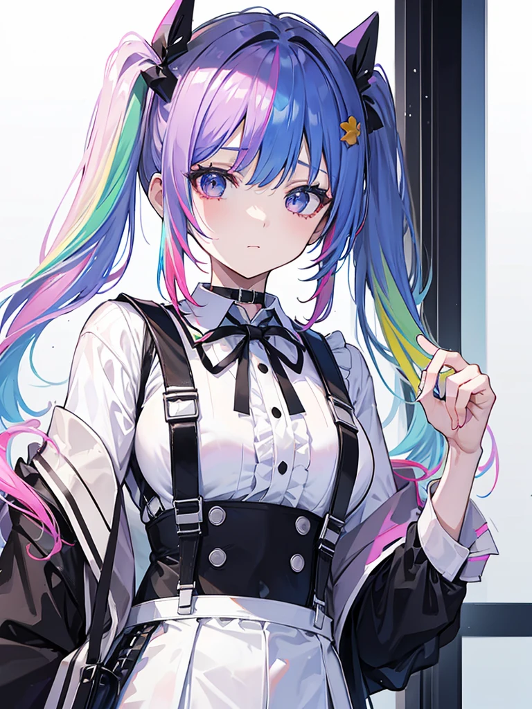 rainbow colored hair, twin tail, Moderate breasts, White uniform, black choker, black suspenders