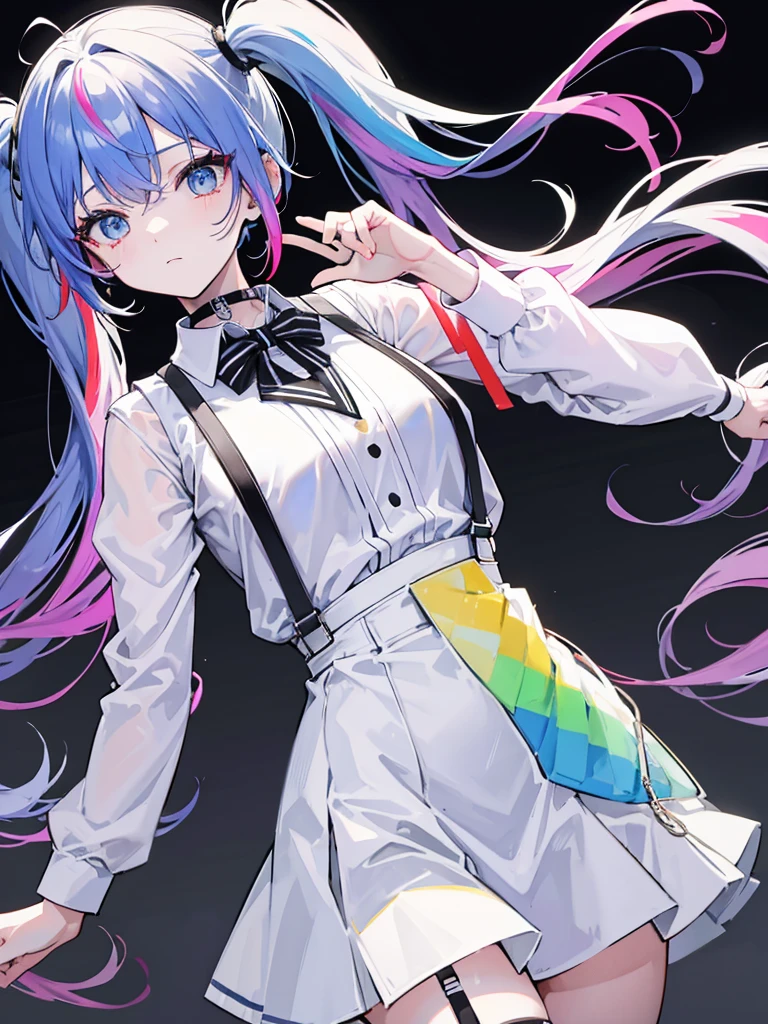 rainbow colored hair, twin tail, Moderate breasts, White uniform, black choker, black suspenders