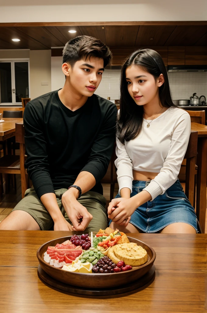 The 25 years old brother and 15 years old sister eating on big table