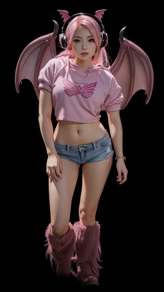 A beautiful girl in full body, cropped rosa, short jeans rosa, pink furry boots, pink straight hair, earphone, pink dragon wings.