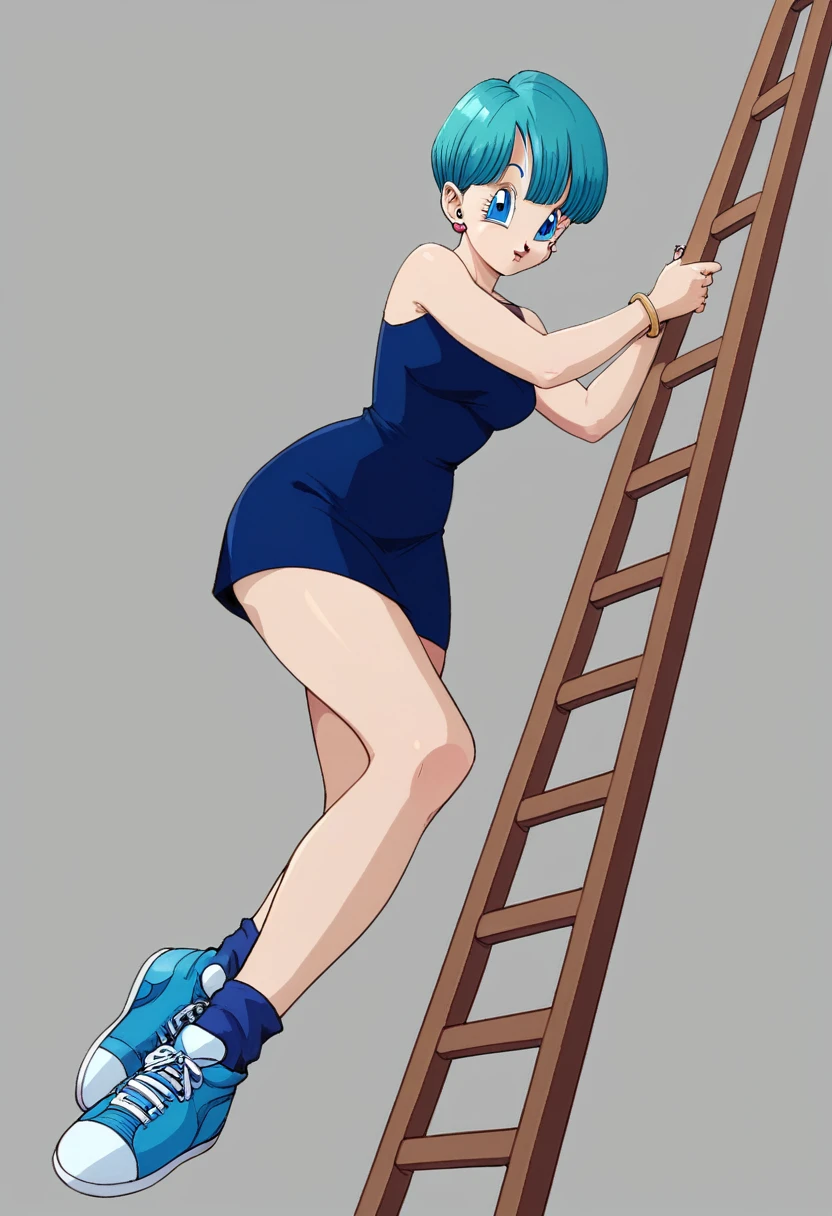 Bulma saga buu dark blue dress , legs crossed on a ladder , Dark blue sneakers