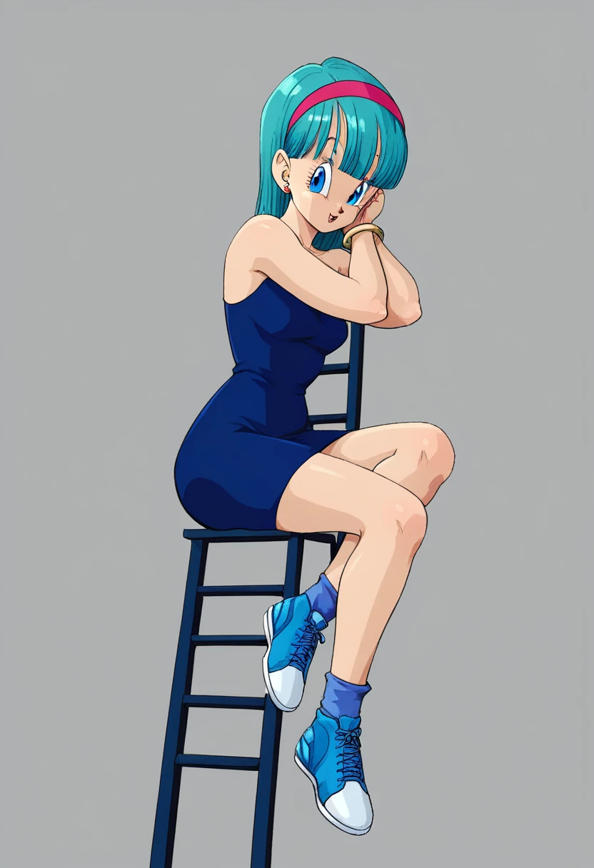 Bulma saga buu dark blue dress , legs crossed on a ladder , Dark blue sneakers