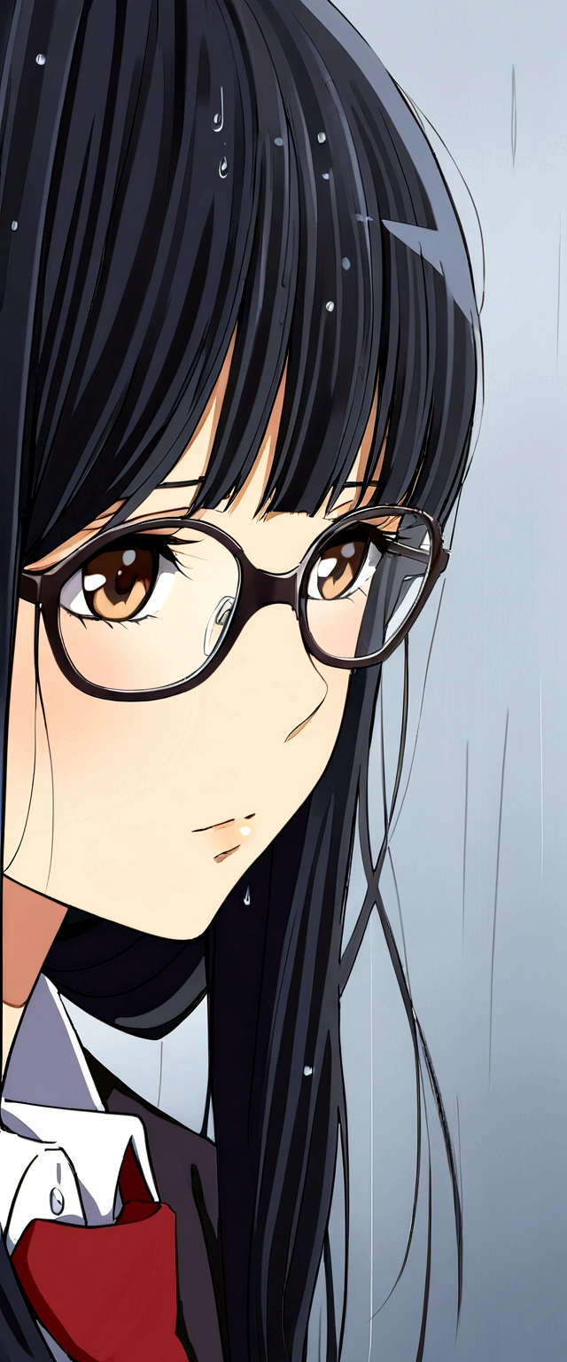 Rained , black long hair, campus uniform, glasses, brown eyes