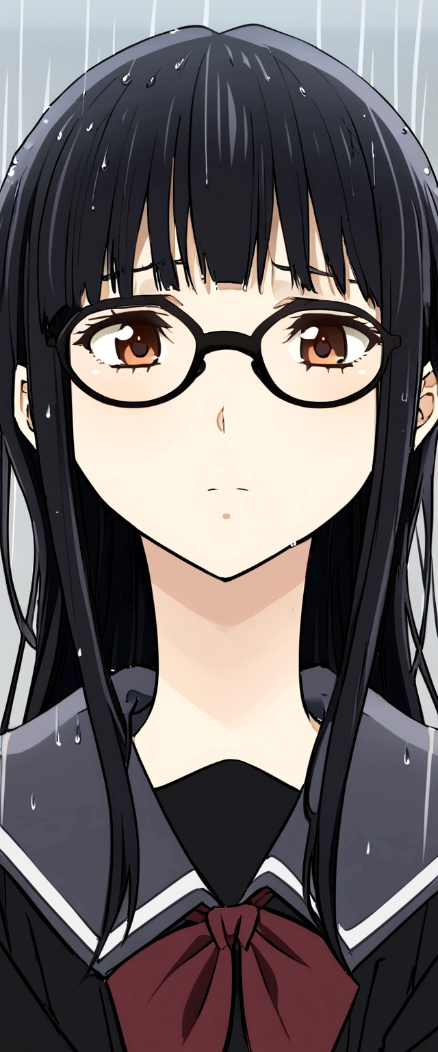 Rained , black long hair, campus uniform, glasses, brown eyes