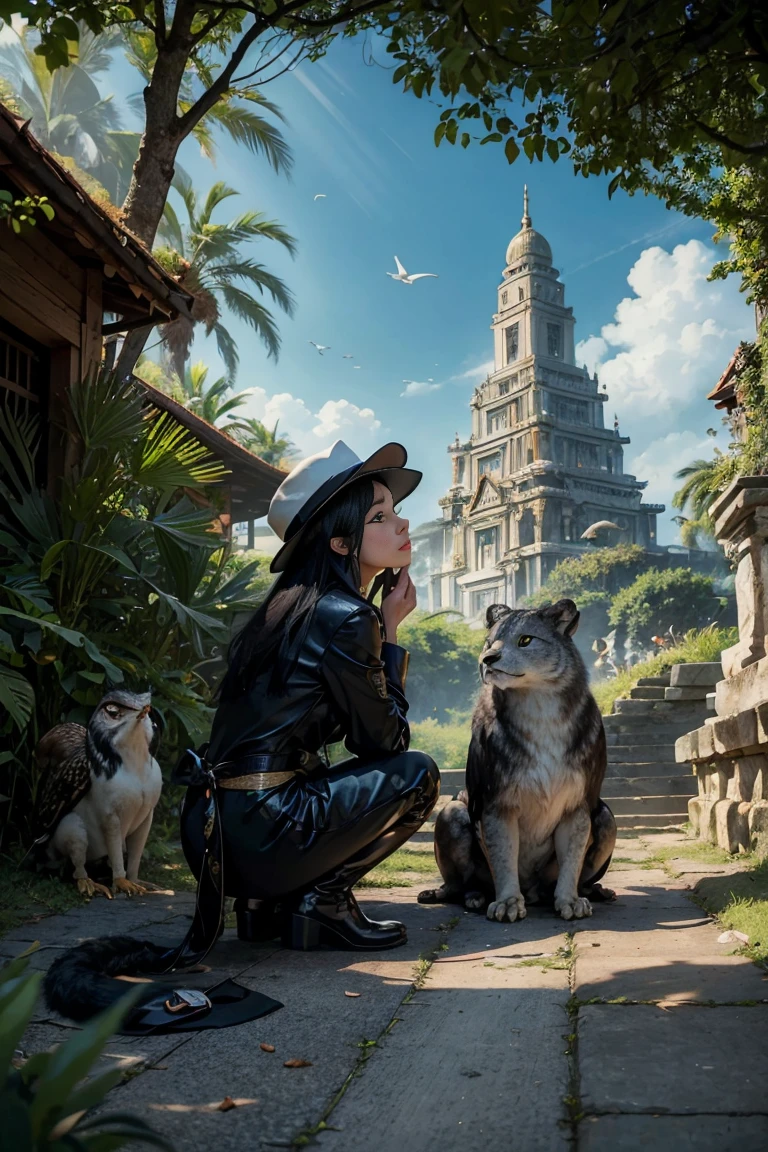 Hieronymus Boss, paradise, pleasure garden, Ladies, face seen from the side, oriental-lady, black eyes, black hair, no hat, no cap, Mammals, fur, bushy fur, cryptid, unidentified mysterious creature, Lions, Dogs, Rat, Whale, Eagle, owls, penguins, sparrows, chickens, turtles, Frogs, Killifish, Tuna, Crucian carp, Aliens, life forms mixed with various animals, Space, God, radiation, future city, excavation, ruins, temple, Realistic skin tones, 4k, photographic realism, wide angle view, facing camera, adventure, journey, fantastic, fantasy, cinematic, wide angle lens, high resolution photo --stylize 600
