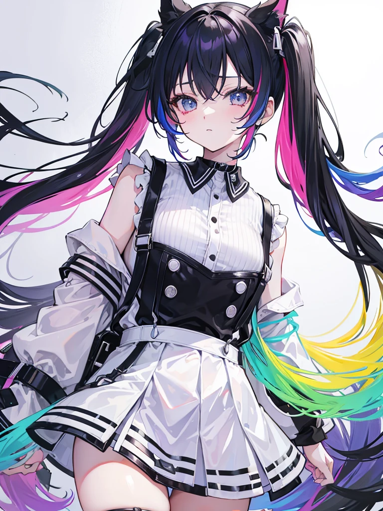rainbow colored hair, twin tail, Moderate , White uniform, black choker, black suspenders, Off shoulder