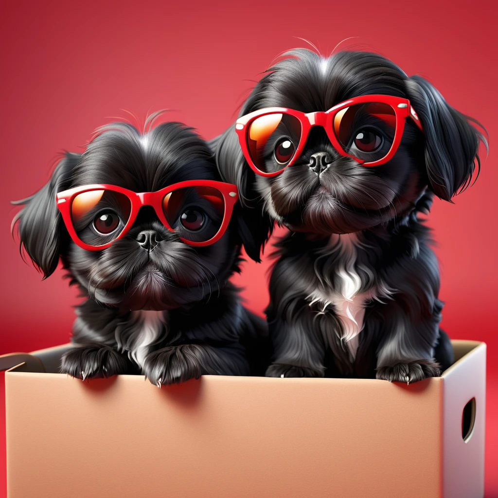 2 Adorable small black Shih Tzu puppies red sunglasses hiding 3d cartoon 3d render disney pixar style