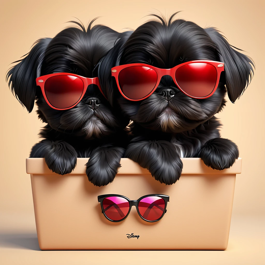 2 Adorable small black Shih Tzu puppies red sunglasses hiding 3d cartoon 3d render disney pixar style
