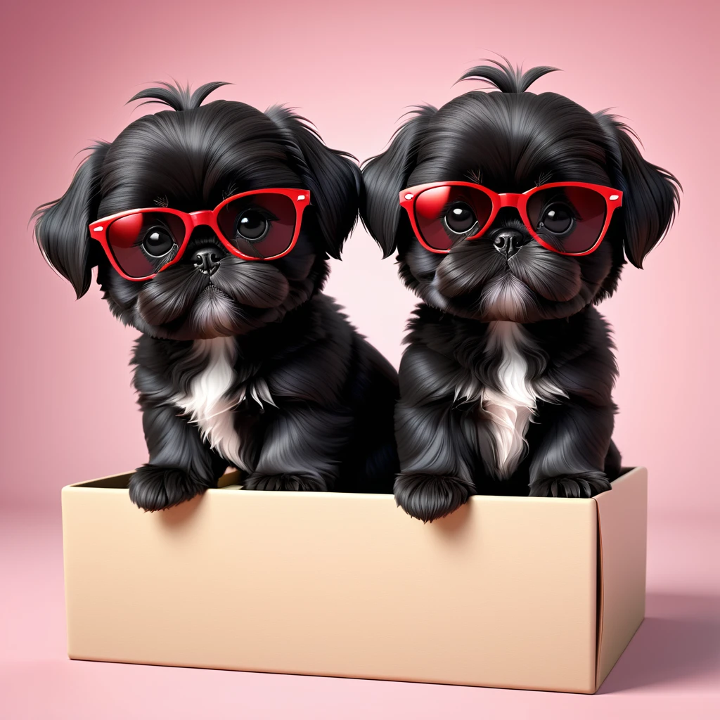 2 Adorable small black Shih Tzu puppies red sunglasses hiding 3d cartoon 3d render disney pixar style